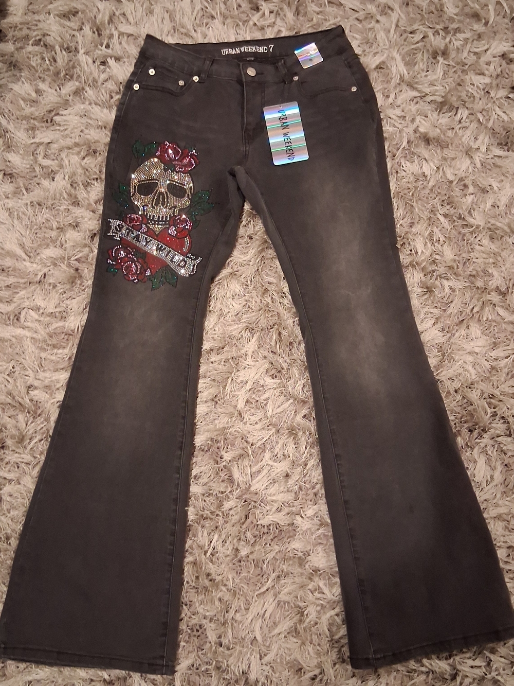 Urban Weekend Black Embellished Flare Jeans with Skull & Roses